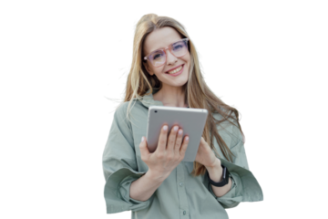 The manager is a businessman woman using a tablet, isolated transparent background.