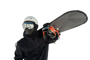 A male snowboarder wearing a helmet and holding a snowboard, isolated background.