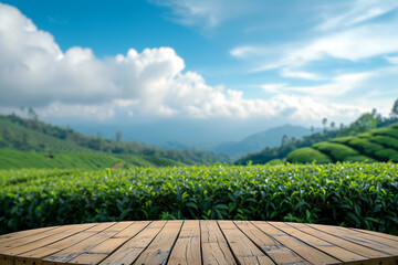 Empty wooden table over blurred green nature park or tea field background with blur summer sky. Mock up for display of product, banner for advertise, nature business presentation