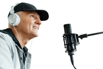 A man is recording a podcast using a microphone in a recording studio, isolated background.