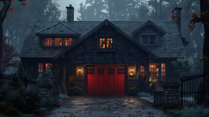 A rustic craftsman house with a brick wall and a red garage door, nestled among tall trees and a stone fence, in the night darkness. - obrazy, fototapety, plakaty