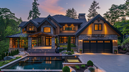 A stunning craftsman house with a stone and wood exterior and a black garage door, showcasing a large deck and a pool, in the twilight. - obrazy, fototapety, plakaty
