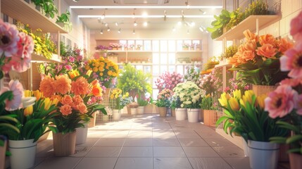 a flower shop, a wide-angle lens to encompass the entire scene, emphasizing the beauty and abundance of floral arrangements.