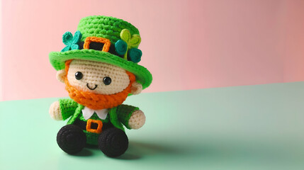 Crocheted leprechaun St. Patrick's on pastel background