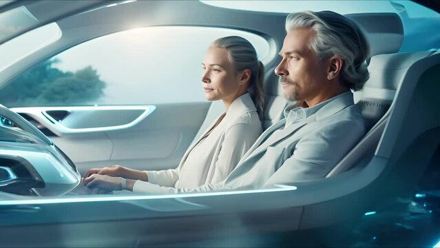 Couple in self-driving car controlled by an artificial intelligence autopilot. Concept of future technologies, internet of things and smart devices.