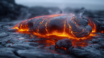 Closeup of molten lava captured in midair as it spews out of a volcano with intense heat emanating from its surface. - obrazy, fototapety, plakaty