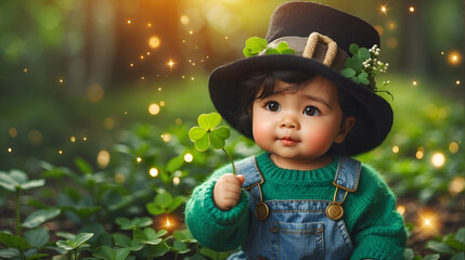 cute baby with St. Patrick's Hat on park background