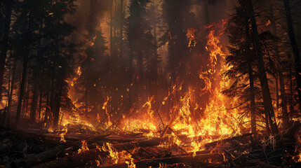 Forest and fire burning trees and large flame