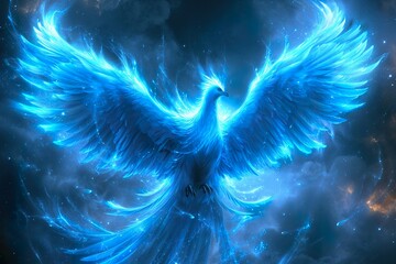 The outline of a blue phoenix, showcase interface cosmic background