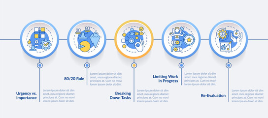 Prioritization principles, focus control circle infographic template. Data visualization with 5 steps. Editable timeline info chart. Workflow layout with line icons. Lato-Bold, Regular fonts used