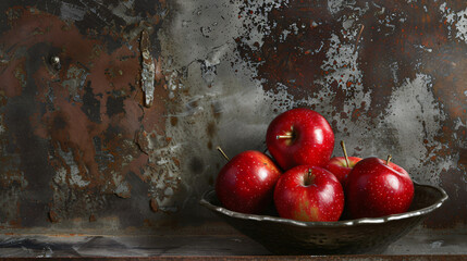 Fresh and juicy red apples with metal background