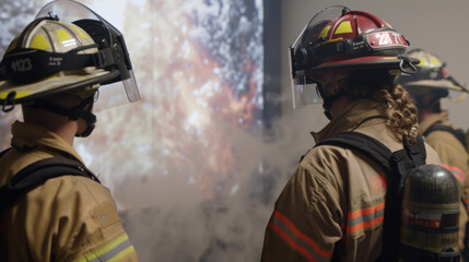 A group of first responders using mixed reality to simulate a highrise building fire navigating through smoke and debris to rescue virtual victims.