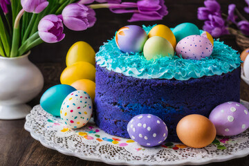 Fototapeta na wymiar Easter cake, kulich, painted watercolor easter eggs and spring flowers on the background. 