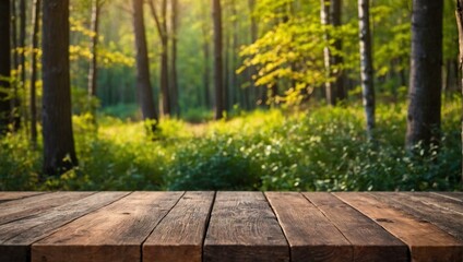 Wooden empty table surface with a beautifully blurred lush green forest background