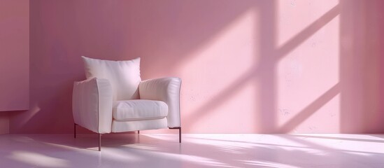 A White arm chair in empty living room with pastel pink wall background. AI generated image