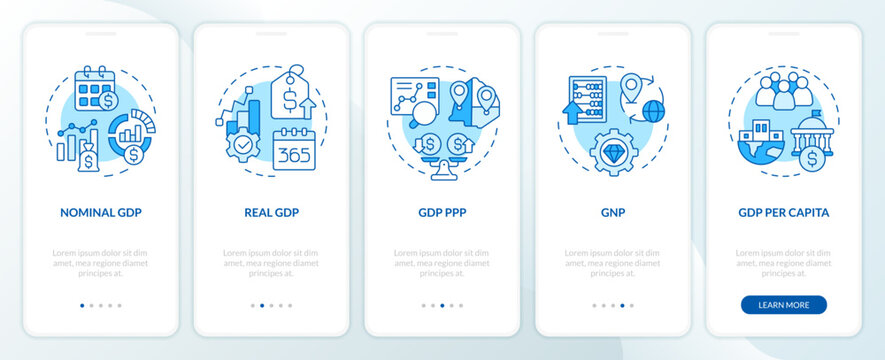 Macro economy financial statements blue onboarding mobile app screen. Walkthrough 5 steps editable graphic instructions with linear concepts. UI, UX, GUI template. Myriad Pro-Bold, Regular fonts used