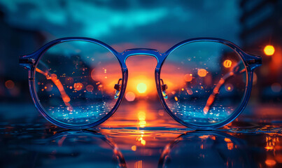 Blue glasses reflecting the city lights at night