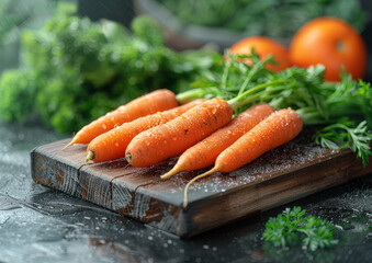 Fresh raw organic carrots on wooden cutting board - obrazy, fototapety, plakaty
