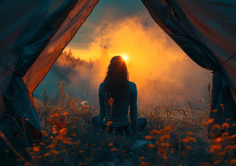 Naklejka premium Woman sits in tent watching the sunrise