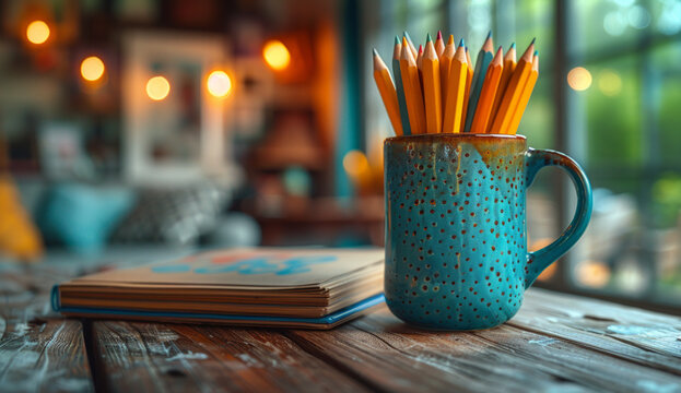 Color pencils and book on wooden table in cafe