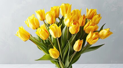 a stunning bouquet featuring delicate yellow tulips elegantly wrapped in floral paper, with ample empty space around the bouquet for adding text or messages.
