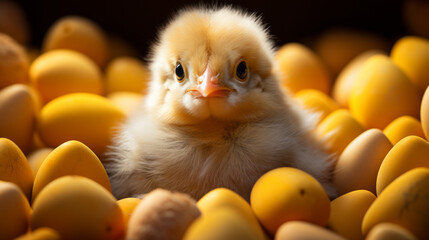 Baby chick sits in pile of yellow eggs