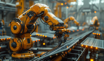 Robotic arms are working smartly in the production department in modern factory.