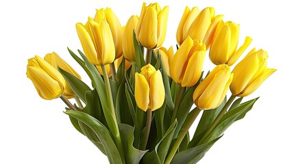 a stunning bouquet featuring delicate yellow tulips elegantly wrapped in floral paper, with ample empty space around the bouquet for adding text or messages.