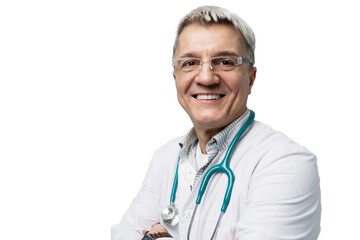 Fototapeta premium A friendly, positive doctor in a bathrobe smiles and looks at the camera, isolated background.