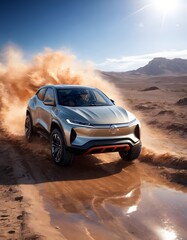 Fototapeta na wymiar A dynamic electric vehicle carves through a sandstorm, its sleek form racing against a backdrop of stark desert beauty. The vehicle's design is a fusion of performance and renewable technology