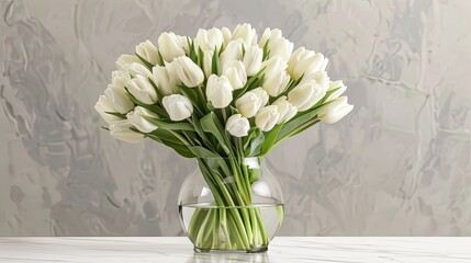 a stunning bouquet featuring delicate white tulips elegantly wrapped in floral paper, with ample empty space around the bouquet for adding text or messages.