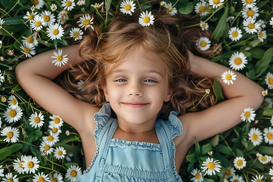 portrait of a happy little girl in field lying on the grass among daisy flowers, top view