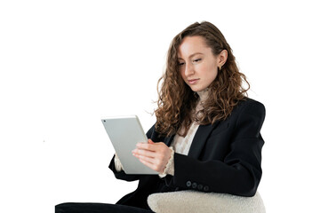 Creative specialist a young woman with glasses uses an office tablet. Transparent isolated background.