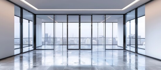 Simple modern new empty office interior design with glass doors and blank wall. AI generated image