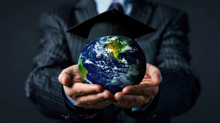 Education in the world concept, Business man holding graduation cap on earth globe model map.