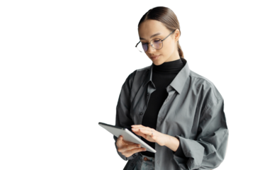 The secretary is a young woman with glasses using an office tablet. Transparent isolated background.