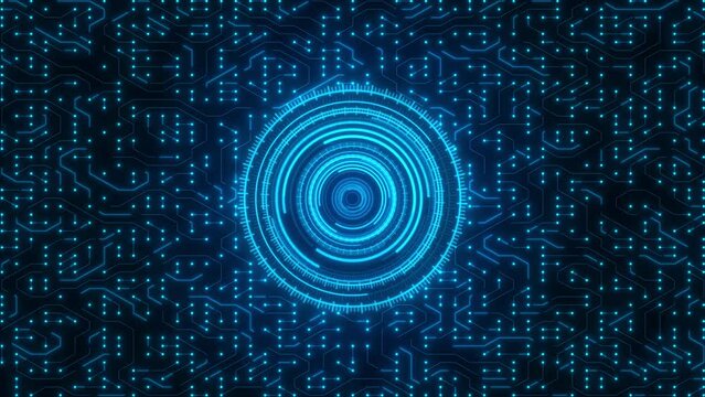 Futuristic Blue HUD Circuit Animation with Glowing Data, AI, and Tech Elements