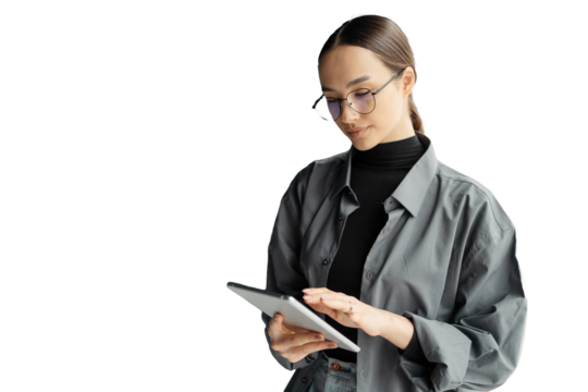 The secretary is a young woman with glasses using an office tablet. Transparent isolated background.