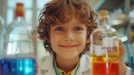In a chemistry lab, a jolly joyful young boy wearing a lab coat does chemical steps and space, Generative AI.