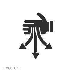 waste recycling process icon, sort the garbage, hand with three direction arrows, flat symbol on white background - vector illustration