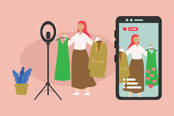 Woman uses live streaming to sell products vector cartoon illustration