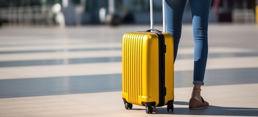 Woman walking with yellow suitcase in airport terminal. Travel and business concept. Travel and tourism concept with copy space. Travel concept with copy space. Travelling.  - obrazy, fototapety, plakaty