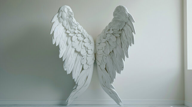 Huge Angel Wings on a White Wall Background