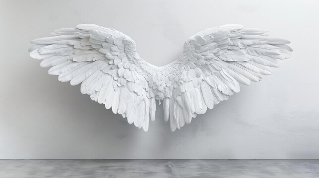 Huge Angel Wings on a White Wall Background