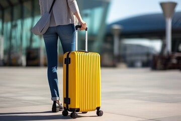 Young woman with yellow suitcase at airport. Travel and business concept. Travel and tourism concept with copy space. Travel concept with copy space. Travelling. 