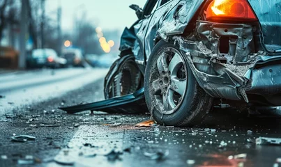  Close-up of a wrecked car's damaged front side after a severe road collision, with debris scattered on the asphalt in the aftermath of an accident © Bartek