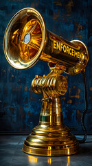 Fototapeta na wymiar Enforcement concept with a vivid megaphone projecting the bold text ENFORCEMENT in gold and white, symbolizing authority and the need for compliance