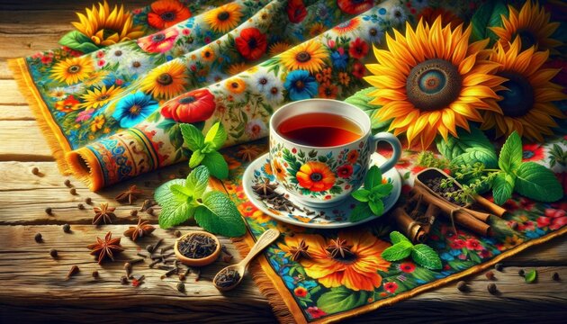 A still life image of a tea cup surrounded by mint leaves and cloves, centered on a rustic wooden table, with a bold floral textile background featuring sunflowers and poppies. Generative AI