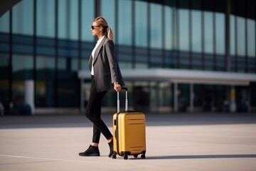 Young businesswoman walking with suitcase at airport. Travel and business concept. Travel and tourism concept with copy space. Travel concept with copy space. Travelling. 