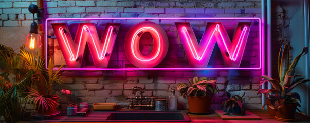 Striking WOW neon sign in bold pink and purple hues mounted on a brick wall, surrounded by tropical plants, creating an impactful visual statement